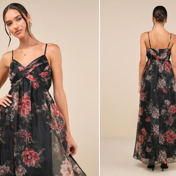Lulus Truly Extraordinary Black Floral Organza Pleated Maxi Dress NWT - Picture 4 of 10